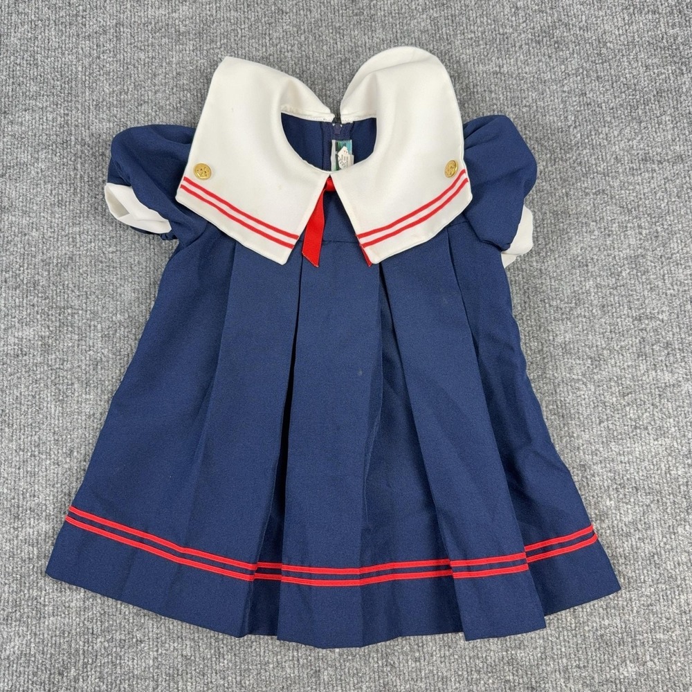 Vintage Wonderland Fashions Dress Girls 3T Blue Sailor Collar Nautical USA